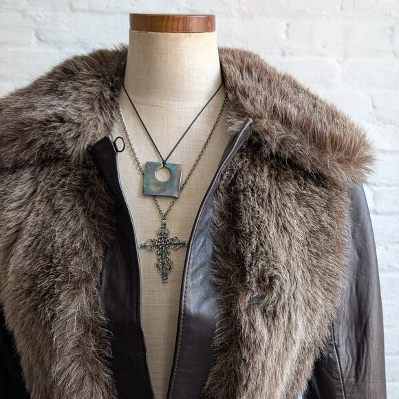 70s Vintage Black Brown Leather Penny Lane Coat Faux Fur Groovy Boho Moto Jacket - Picture 6 of 13